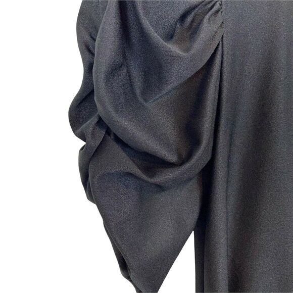 Puffed Sleeve Wrap Dress Vintage 80s Jean Leslie Womens Black Semi Sheer SZ M L - Picture 5 of 16
